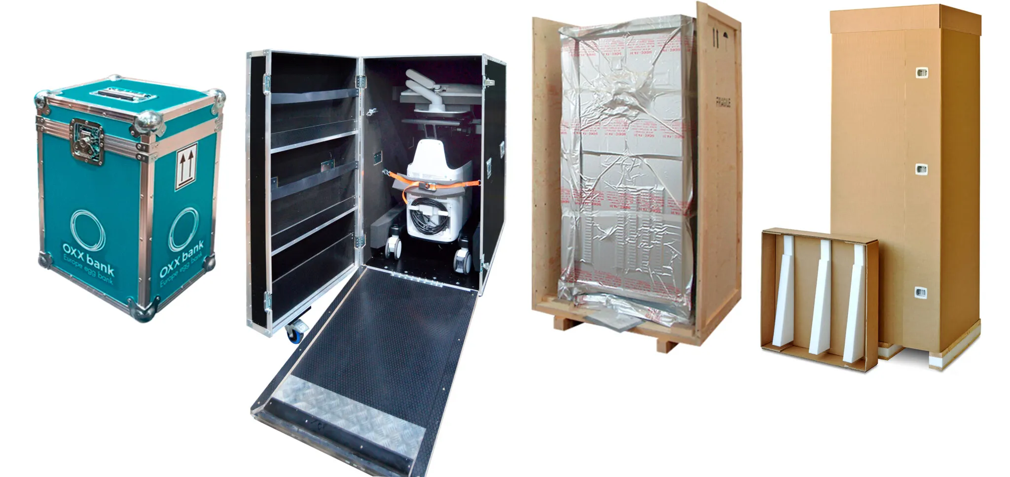 Patru containere pentru transport aparatura medicala, inclusiv cutii de transport turcoaz și negre, ladă de lemn și cutie de carton.