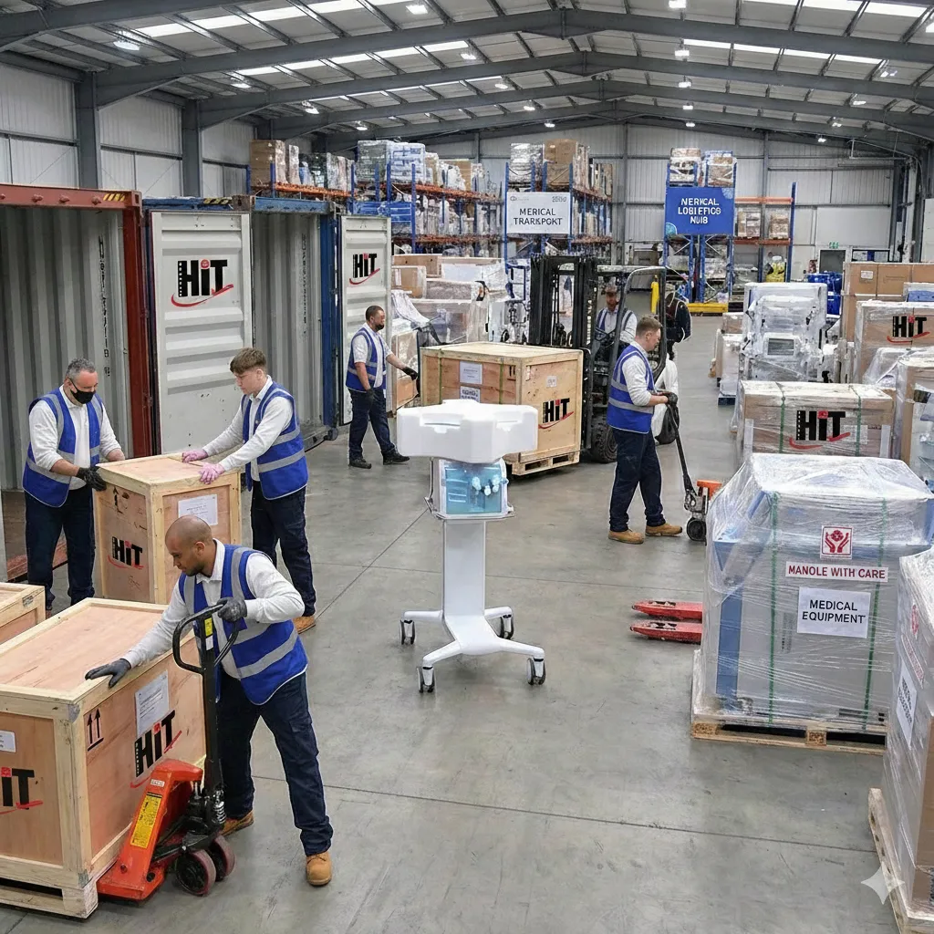 Muncitori în depozit, în veste albastre, mută lăzi mari și echipamente medicale cu ajutorul unor elevatoare de palete.